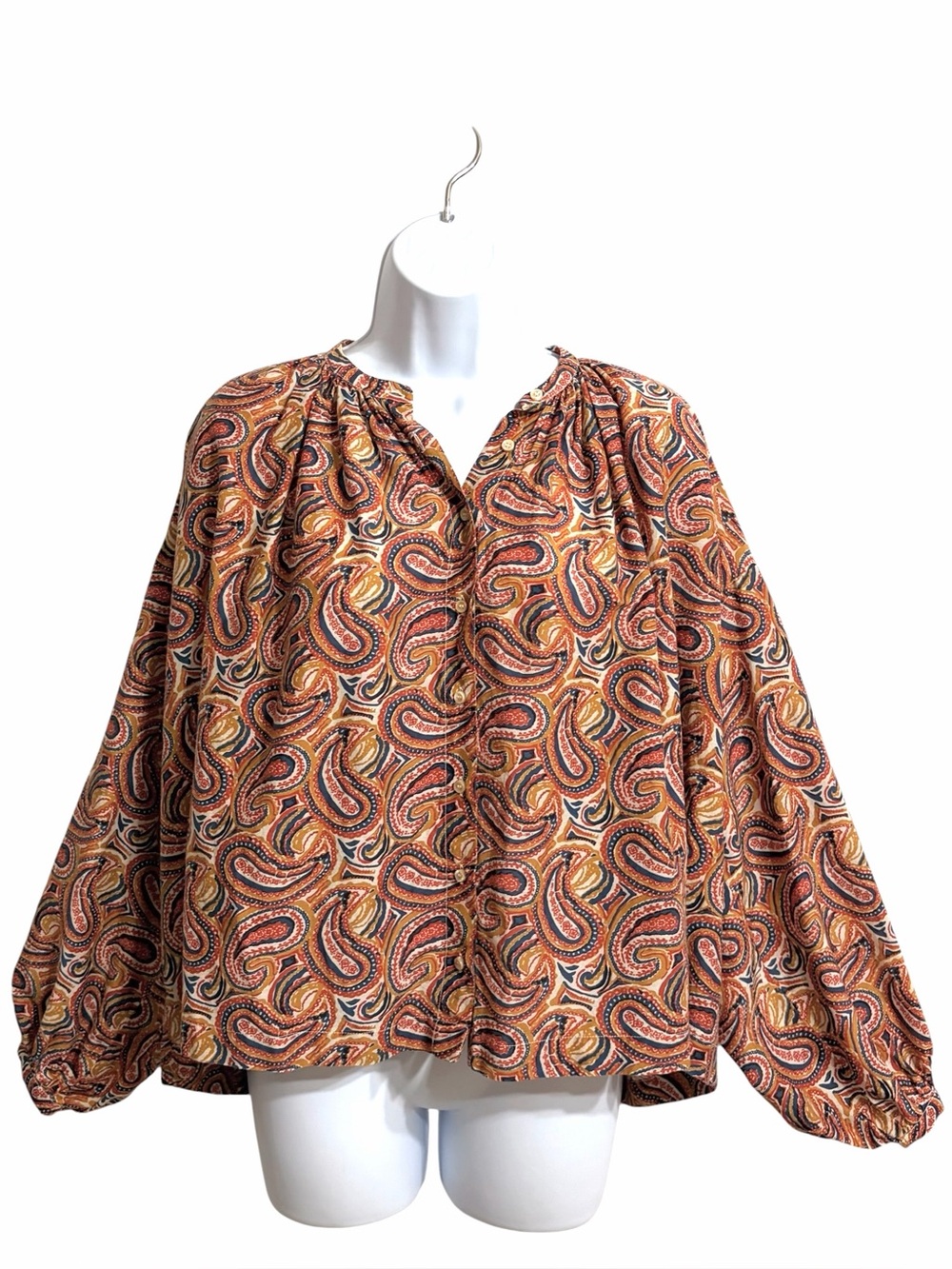 Doen Jane Boho Oversize Retro 60s Organic Cotton Crop Blouse XS Paisley Hippie